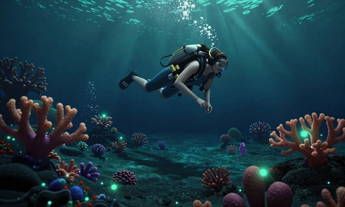 Hidden Gem: Deepbell Echoes editorial - diver exploring bioluminescent underwater coral world