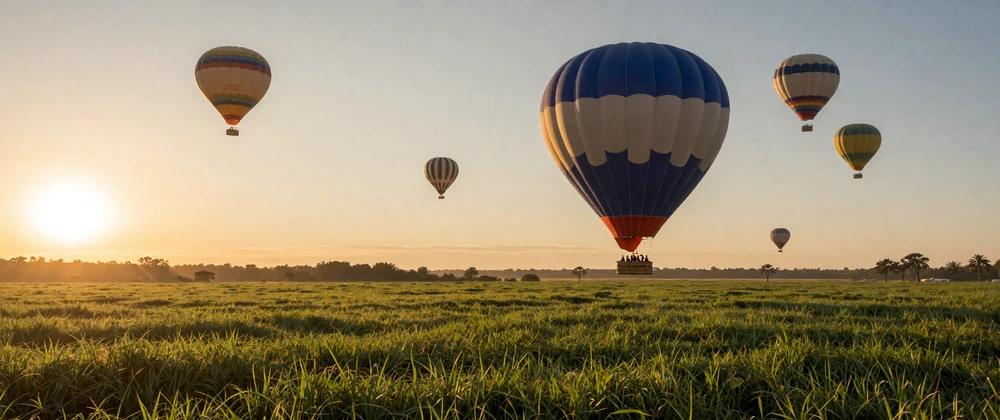 Low-Heat Exploration Shortlist collection - peaceful countryside sunrise with hot air balloons in soft pastel golden tones
