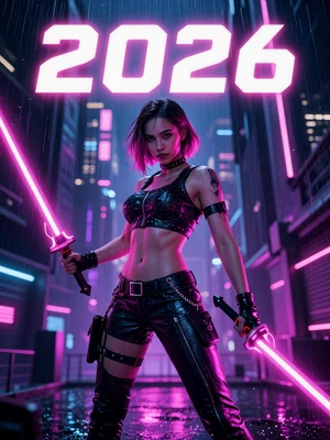 Neon Warden - cyberpunk action game cover with female protagonist wielding dual blades in a neon rain-soaked city
